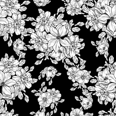 Sorunsuz vintage tarzı çiçek deseni. Siyah ve beyaz çiçek öğeleri.