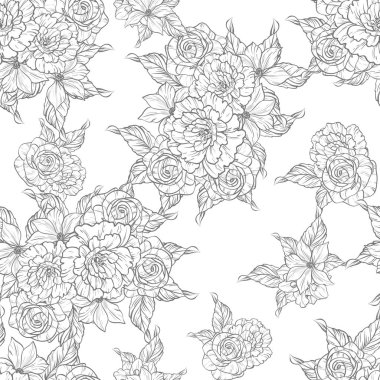Sorunsuz vintage tarzı çiçek deseni. Siyah ve beyaz çiçek öğeleri.