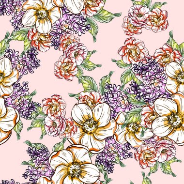 Sorunsuz vintage tarzı parlak çiçek deseni. Renkli çiçek öğeleri