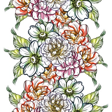 Sorunsuz vintage tarzı parlak çiçek deseni. Renkli çiçek öğeleri