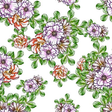 Sorunsuz vintage tarzı parlak çiçek deseni. Renkli çiçek öğeleri