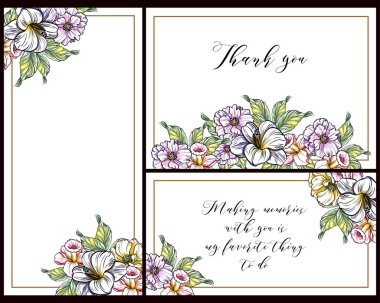 Klasik çiçek düğün kartları seti. Çiçek elementleri ve çerçeveleri.