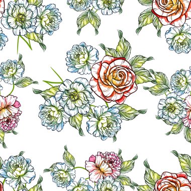 Sorunsuz vintage tarzı çiçek deseni. Renkli çiçek öğeleri