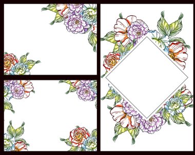 Klasik çiçek düğün kartları seti. Çiçek elementleri ve çerçeveleri.