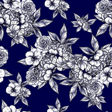 Sorunsuz vintage tarzı çiçek deseni. Siyah ve beyaz çiçek öğeleri.