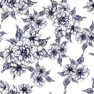 Sorunsuz vintage tarzı çiçek deseni. Siyah ve beyaz çiçek öğeleri.