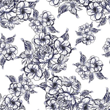Sorunsuz vintage tarzı çiçek deseni. Siyah ve beyaz çiçek öğeleri.