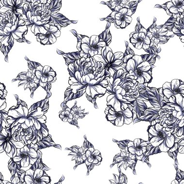 Sorunsuz vintage tarzı çiçek deseni. Siyah ve beyaz çiçek öğeleri.