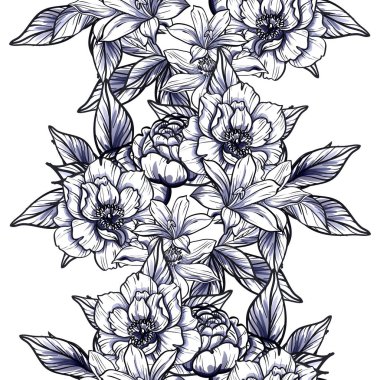 Sorunsuz vintage tarzı çiçek deseni. Siyah ve beyaz çiçek öğeleri.