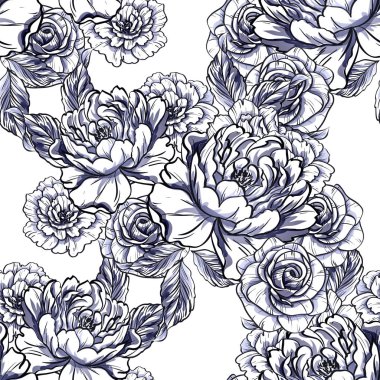 Sorunsuz vintage tarzı çiçek deseni. Siyah ve beyaz çiçek öğeleri.