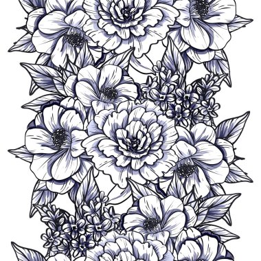 Sorunsuz vintage tarzı çiçek deseni. Siyah ve beyaz çiçek öğeleri.