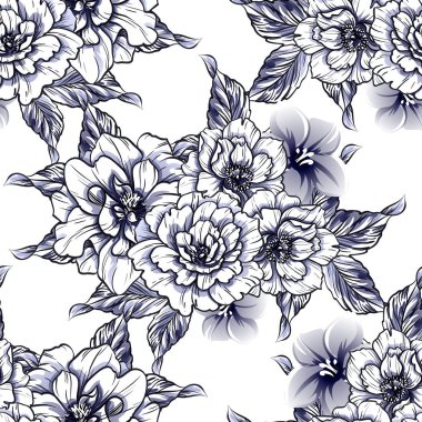 Sorunsuz vintage tarzı çiçek deseni. Siyah ve beyaz çiçek öğeleri.