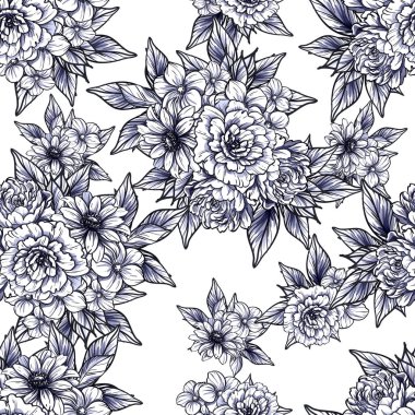 Sorunsuz vintage tarzı çiçek deseni. Siyah ve beyaz çiçek öğeleri.