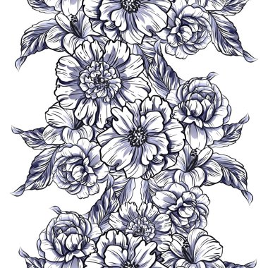 Sorunsuz vintage tarzı çiçek deseni. Siyah ve beyaz çiçek öğeleri.