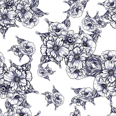 Sorunsuz vintage tarzı çiçek deseni. Siyah ve beyaz çiçek öğeleri.