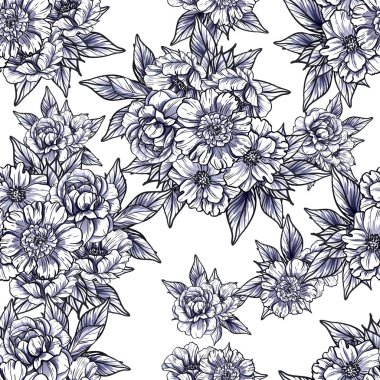 Sorunsuz vintage tarzı çiçek deseni. Siyah ve beyaz çiçek öğeleri.