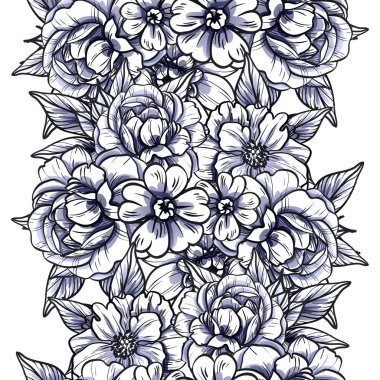 Sorunsuz vintage tarzı çiçek deseni. Siyah ve beyaz çiçek öğeleri.