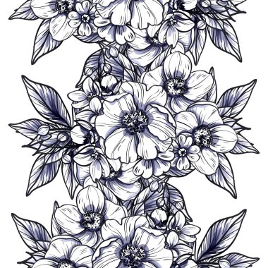 Sorunsuz vintage tarzı çiçek deseni. Siyah ve beyaz çiçek öğeleri.