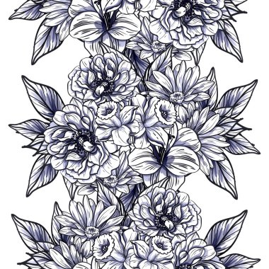 Sorunsuz vintage tarzı çiçek deseni. Siyah ve beyaz çiçek öğeleri.