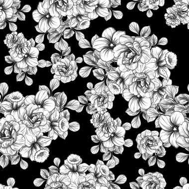 Sorunsuz vintage tarzı çiçek deseni. Siyah ve beyaz çiçek öğeleri.