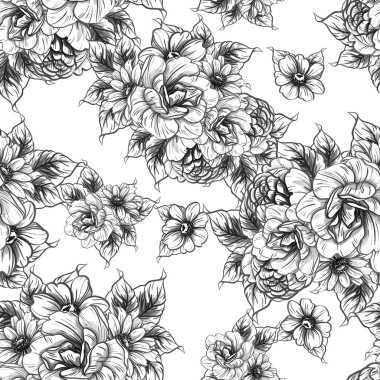 Sorunsuz vintage tarzı çiçek deseni. Siyah ve beyaz çiçek öğeleri.