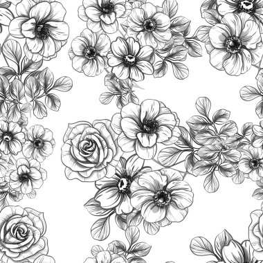 Sorunsuz vintage tarzı çiçek deseni. Siyah ve beyaz çiçek öğeleri.