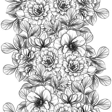 Sorunsuz vintage tarzı çiçek deseni. Siyah ve beyaz çiçek öğeleri.