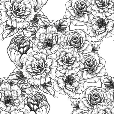 Sorunsuz vintage tarzı çiçek deseni. Siyah ve beyaz çiçek öğeleri.