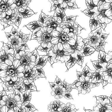 Sorunsuz vintage tarzı çiçek deseni. Siyah ve beyaz çiçek öğeleri.