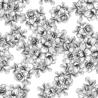 Sorunsuz vintage tarzı çiçek deseni. Siyah ve beyaz çiçek öğeleri.