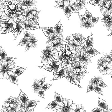 Sorunsuz vintage tarzı çiçek deseni. Siyah ve beyaz çiçek öğeleri.
