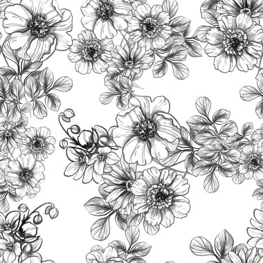 Sorunsuz vintage tarzı çiçek deseni. Siyah ve beyaz çiçek öğeleri.