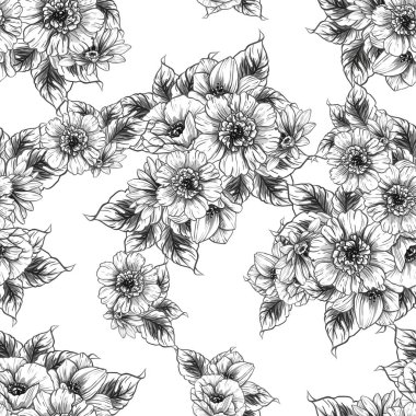 Sorunsuz vintage tarzı çiçek deseni. Siyah ve beyaz çiçek öğeleri.