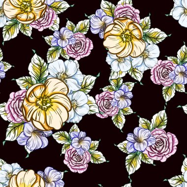 Sorunsuz vintage tarzı çiçek deseni. Renkli çiçek öğeleri