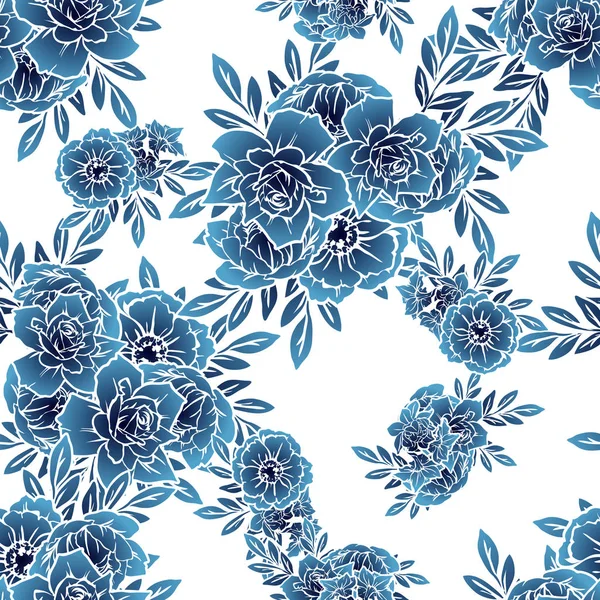 Seamless Vintage Style Monochrome Dark Blue Colored Flower Pattern Floral — Stock Vector