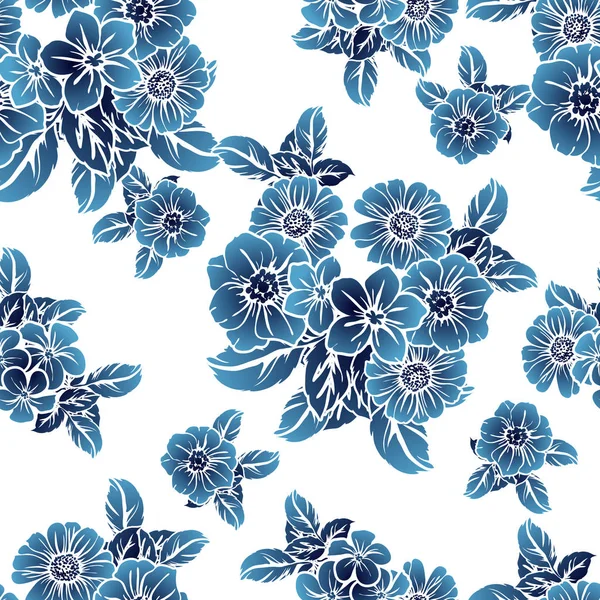 Seamless Vintage Style Monochrome Dark Blue Colored Flower Pattern Floral — Stock Vector