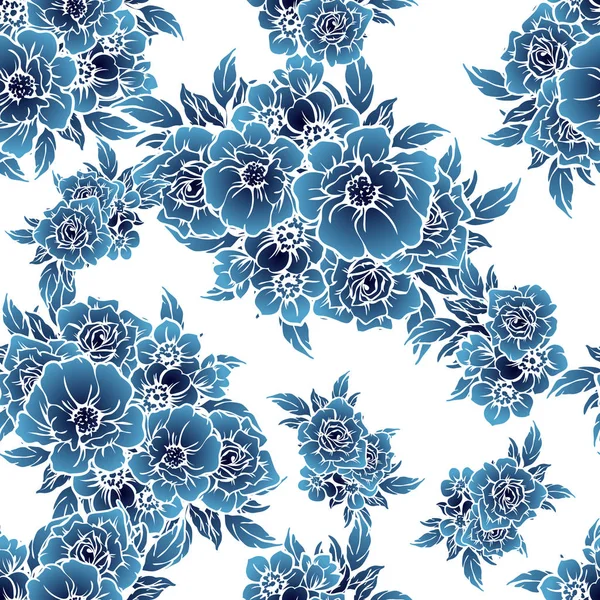 Estilo Vintage Sem Costura Monocromático Azul Escuro Padrão Flores Coloridas —  Vetores de Stock