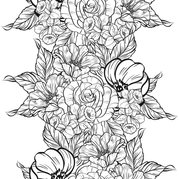 Patrón Flores Estilo Vintage Sin Costuras Elementos Florales Blanco Negro — Vector de stock