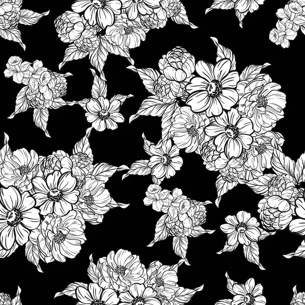 Padrão Flor Estilo Vintage Sem Costura Elementos Florais Preto Branco — Vetor de Stock