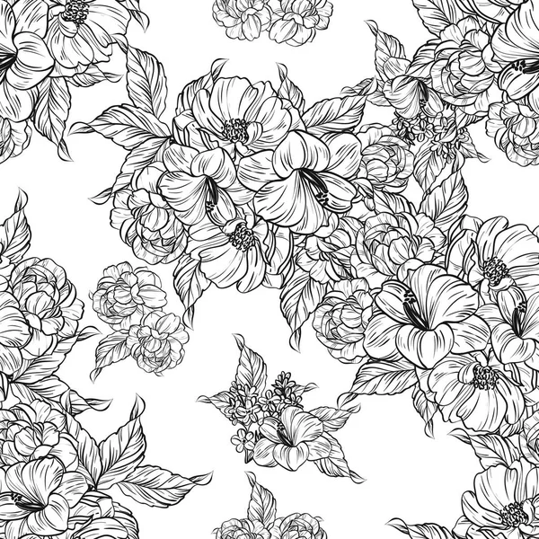 Seamless Vintage Style Flower Pattern Floral Elements Black White — Stock Vector