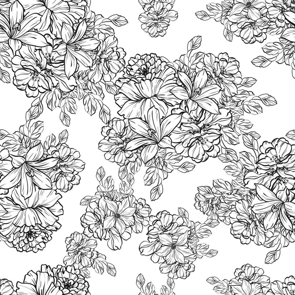 Patrón Flores Estilo Vintage Sin Costuras Elementos Florales Blanco Negro — Vector de stock