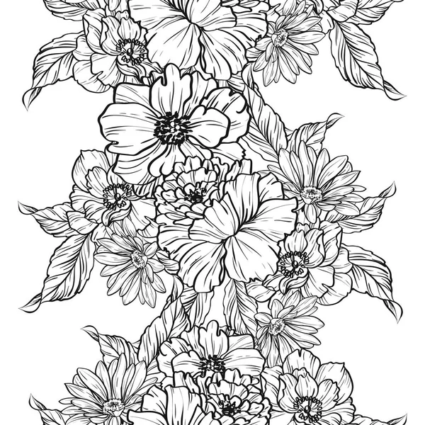 Seamless Vintage Style Flower Pattern Floral Elements Black White — Stock Vector