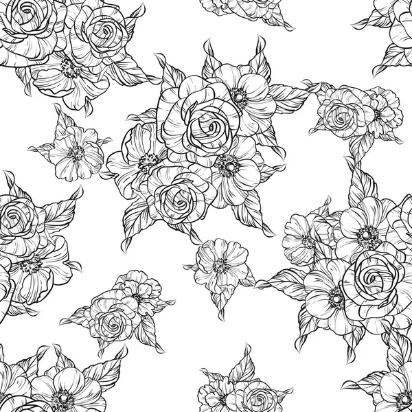 Patrón Flores Estilo Vintage Sin Costuras Elementos Florales Blanco Negro — Vector de stock