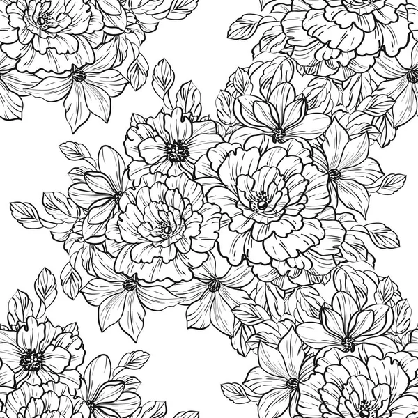 Sorunsuz vintage tarzı çiçek deseni. Siyah ve beyaz çiçek öğeleri.