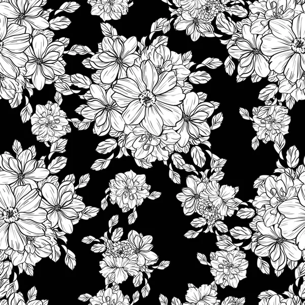 Patrón Flores Estilo Vintage Sin Costuras Elementos Florales Blanco Negro — Vector de stock