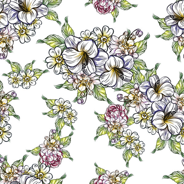 Seamless vintage style bright flower pattern. Floral elements in color