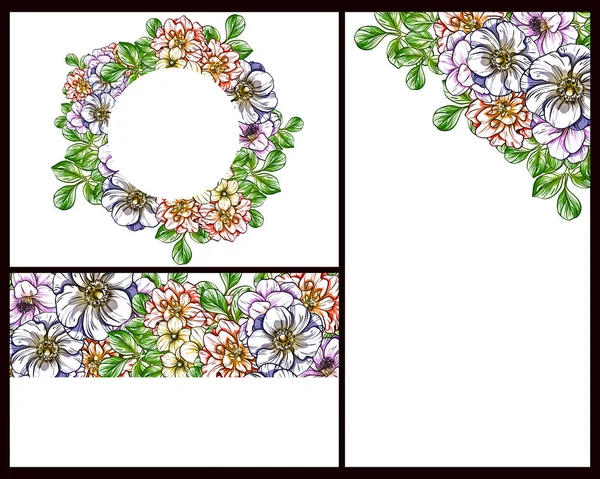 Klasik Çiçek Düğün Kartları Seti Çiçek Elementleri Çerçeveleri — Stok Vektör