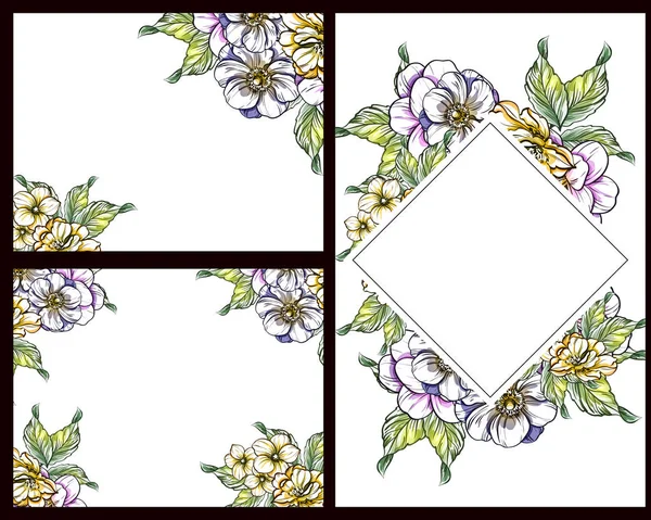 Conjunto Tarjetas Boda Flores Estilo Vintage Elementos Marcos Florales — Vector de stock