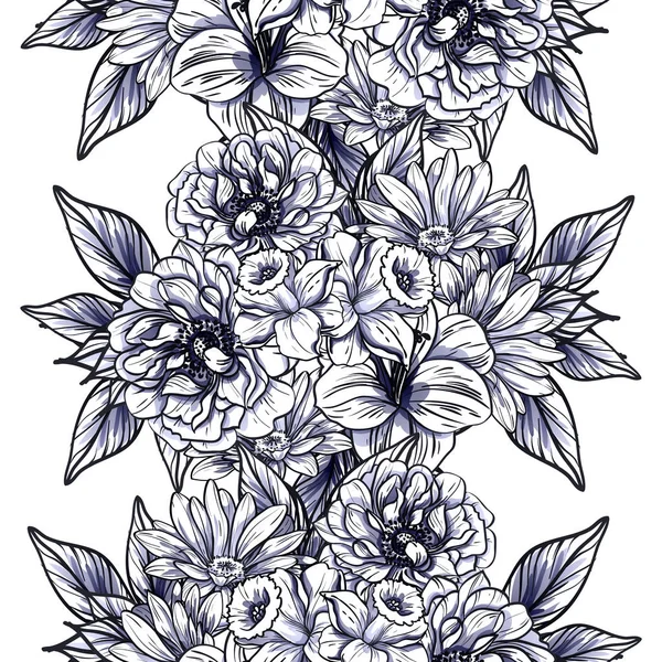 Seamless Vintage Style Flower Pattern Floral Elements Black White — Stock Vector