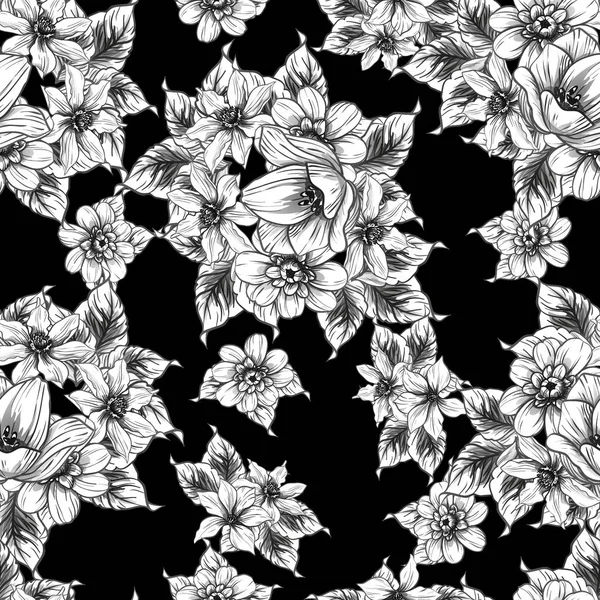 Padrão Flor Estilo Vintage Sem Costura Elementos Florais Preto Branco — Vetor de Stock